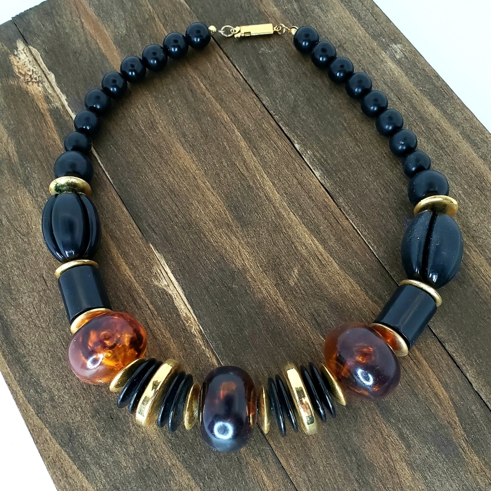 Wood and Beaded Black, Gold and Amber Necklace, Chunky necklace
